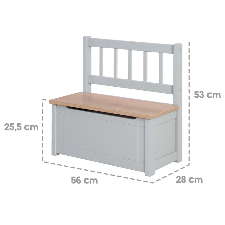 Banc et coffre pour enfants "Woody" - Coffre à jouets en bois naturel/gris - Frein de couvercle inclus