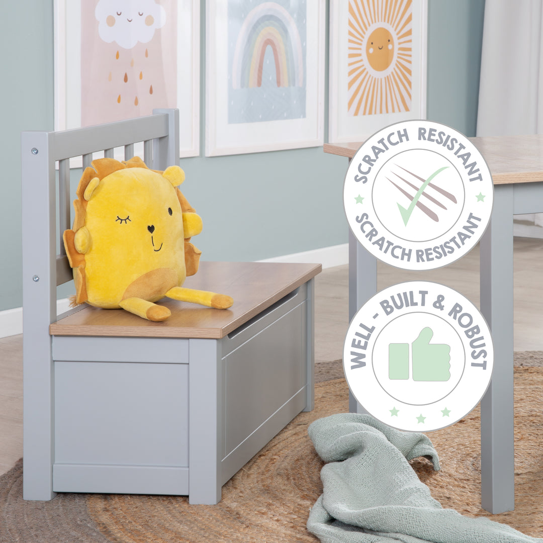 Roba Banc-Coffre à Jouets Rock Star Baby En Bois - Siège Rangement Avec Fermeture Douce - Blanc/Gris - Parfait Pour Enfants