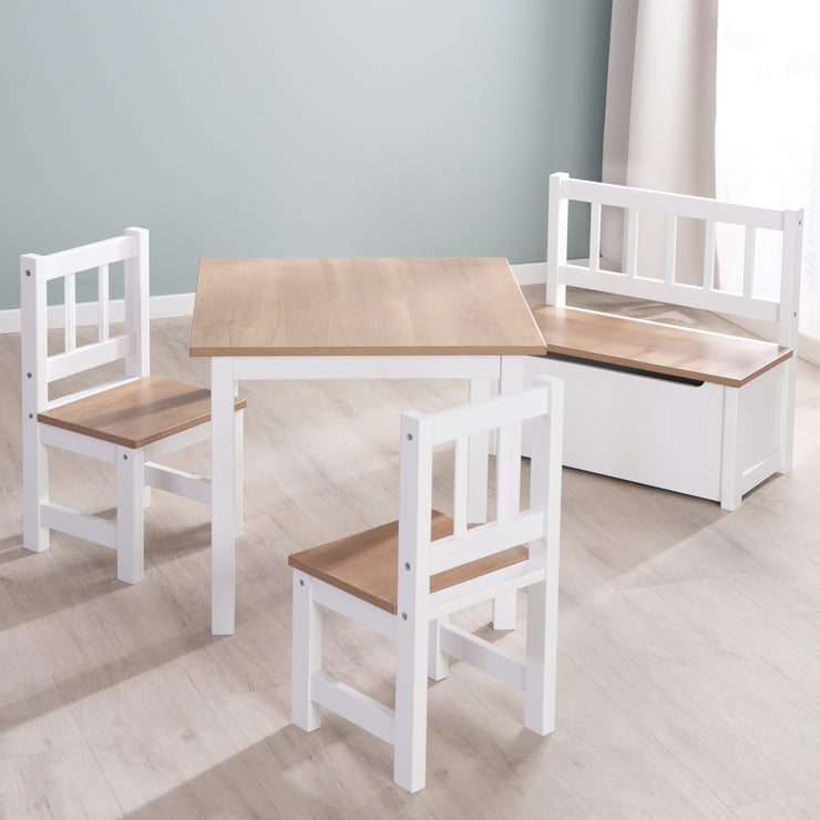 Banc et coffre pour enfants "Woody" - Coffre à jouets en bois naturel/blanc - Frein de couvercle inclus