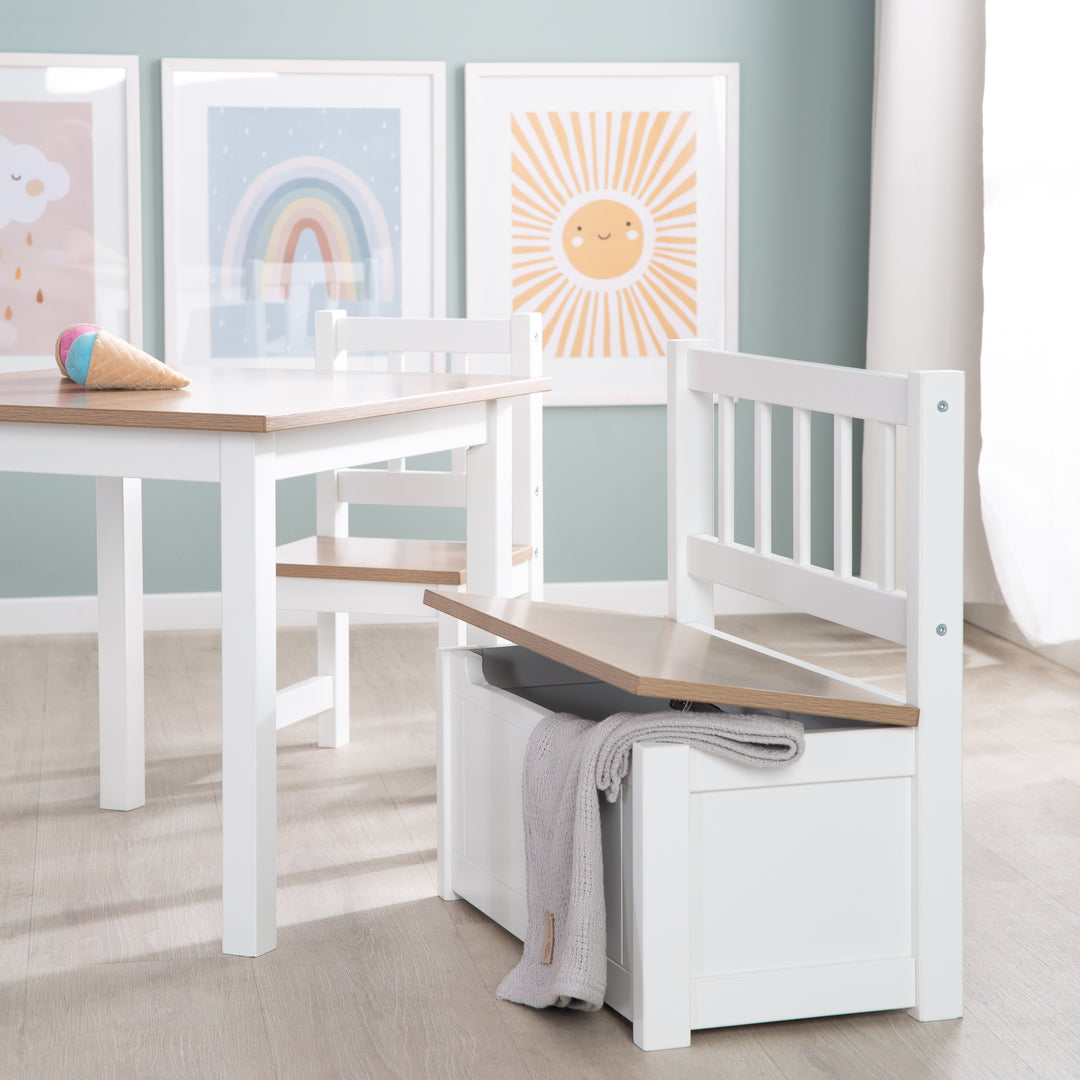 Cassapanca per bambini 'Woody' - cassapanca per giocattoli in legno naturale/bianco - incl. freno del coperchio