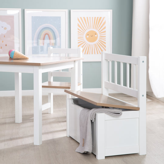 Cassapanca per bambini 'Woody' - cassapanca per giocattoli in legno naturale/bianco - incl. freno del coperchio