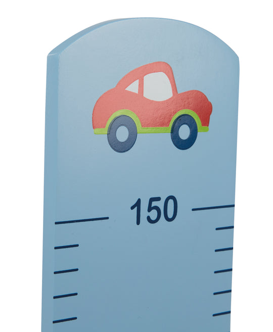 Regla de altura 'Rennfahrer' con motivo de coche, escala hasta 150 cm para niños, madera, pintada de azul