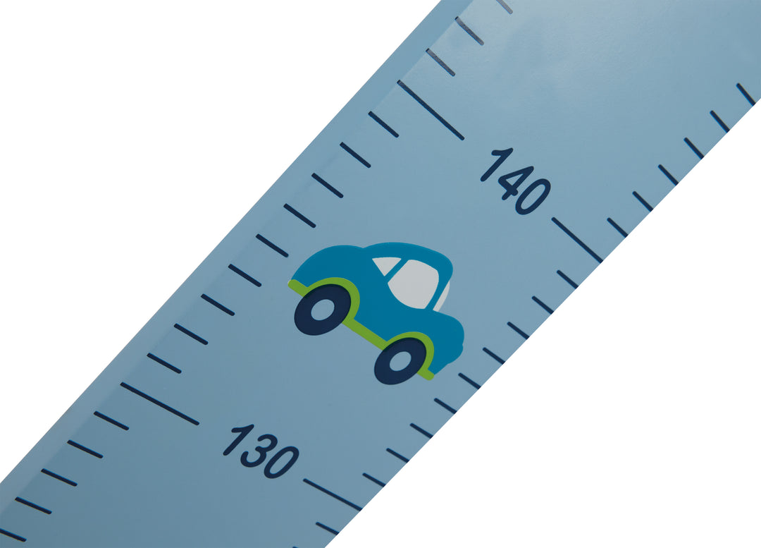 Regla de altura 'Rennfahrer' con motivo de coche, escala hasta 150 cm para niños, madera, pintada de azul