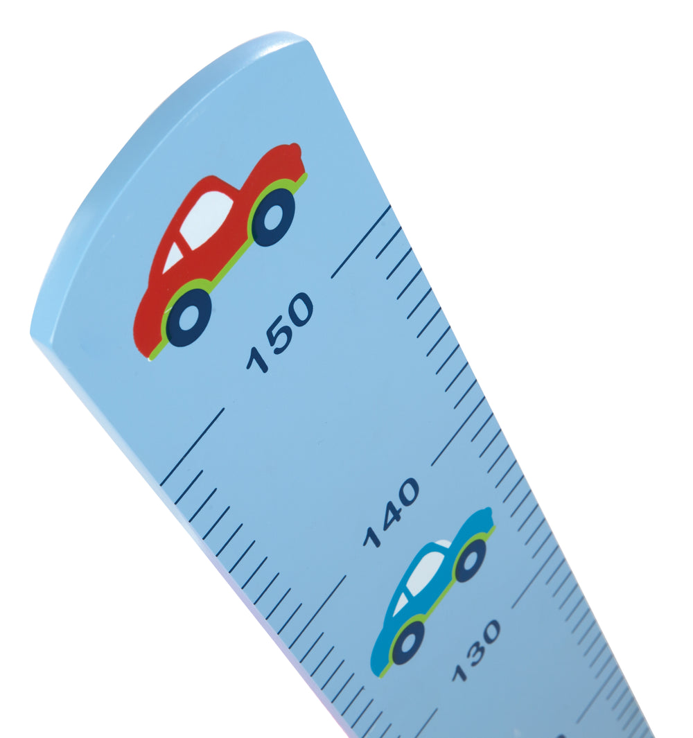 Toise 'Rennfahrer' avec un motif automobile, jusqu'à 150 cm pour enfant, bois bleu laqué