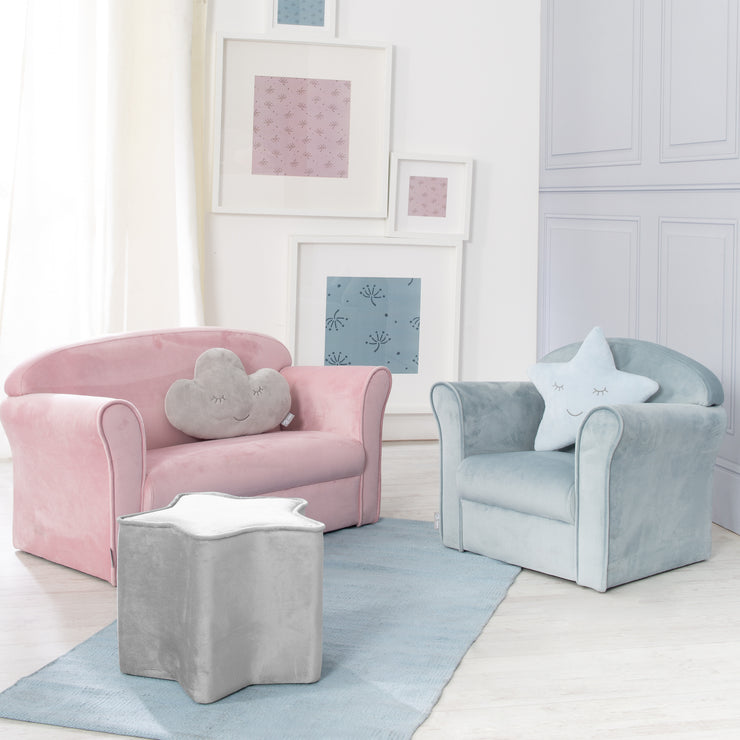 Sofá infantil 'Lil Sofa' cubierto con apoyabrazos, cómodo sofá para niños con tejido de terciopelo rosa