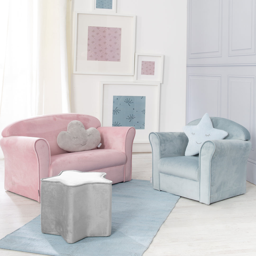 Sofá infantil 'Lil Sofa' con reposabrazos, cómodo con terciopelo azul claro