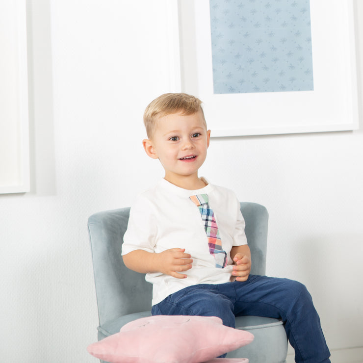 Sillón para niños 'Lil Sofa', cómodo sillón con resistentes patas de madera y tela de terciopelo en celeste / celeste