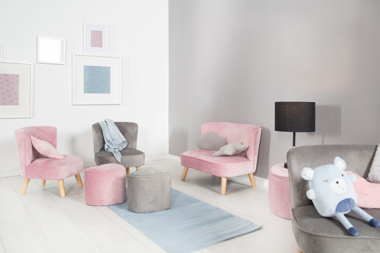 Sillón para niños 'Lil Sofa', cómodo sillón con resistentes patas de madera y tela de terciopelo en celeste / celeste