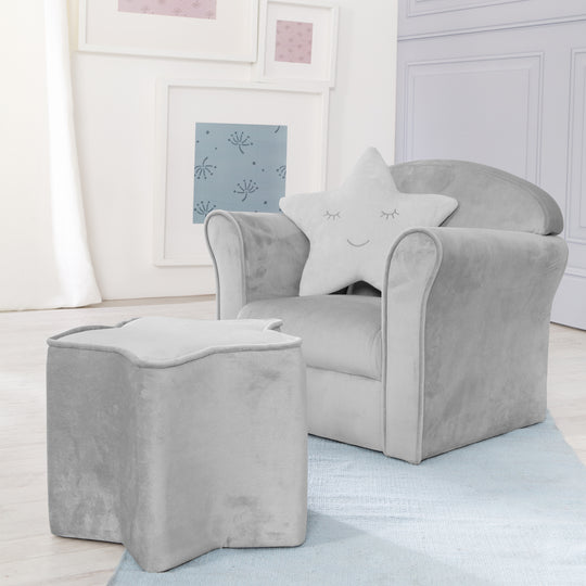 Poltroncina per bambini 'Lil Sofa' con braccioli, comoda mini poltrona rivestita in velluto color grigio argento