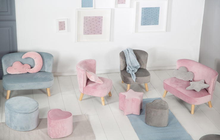 Taburete infantil en forma de corazón 'Lil Sofa', cómodo taburete tapizado en terciopelo en malva, puf