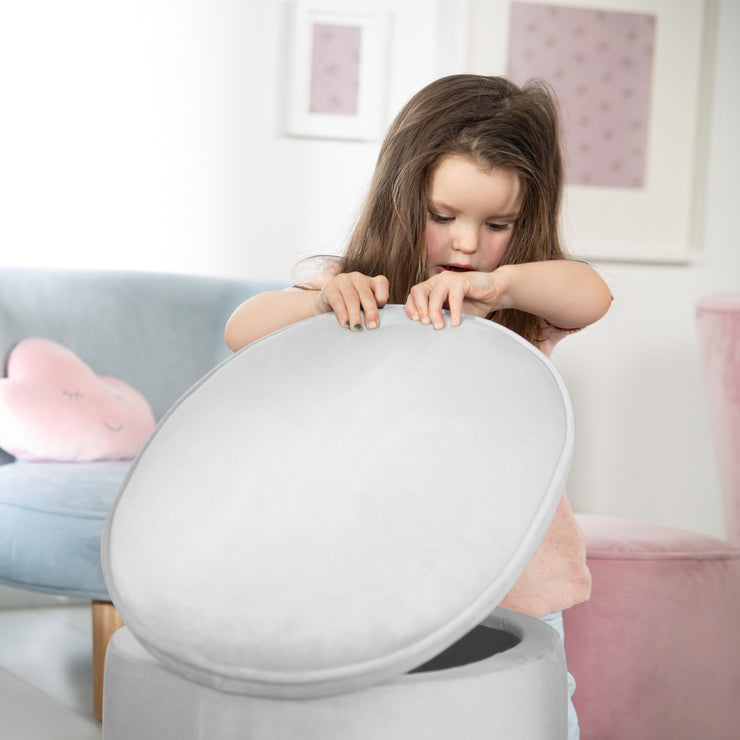 Taburete para niños con función de almacenamiento 'Lil Sofa', taburete ovalado y cómodo con tejido de terciopelo gris