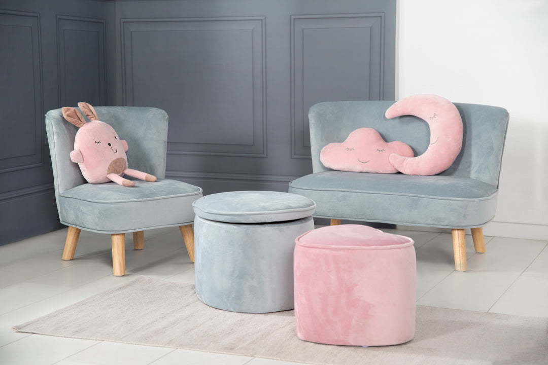Pouf per bambini con funzione di contenitore 'Lil Sofa', ovale, comodo, rivestito in velluto color cielo/azzurro chiaro