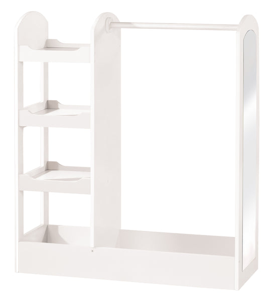 Cloakroom con griglia di vestiti, scaffale, barrette e specchio grande, dipinto di bianco in legno