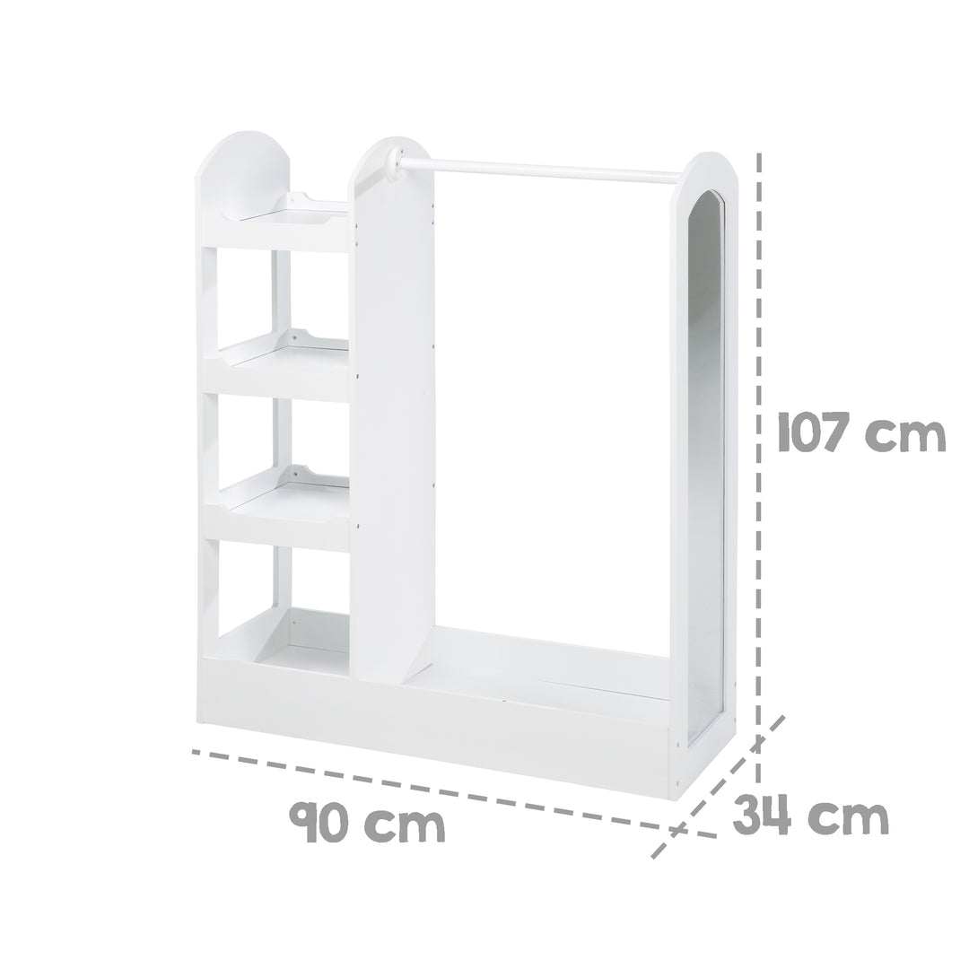 Cloakroom con griglia di vestiti, scaffale, barrette e specchio grande, dipinto di bianco in legno