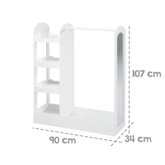 Cloakroom con griglia di vestiti, scaffale, barrette e specchio grande, dipinto di bianco in legno