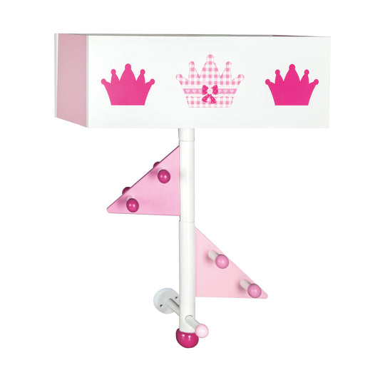 Kindergarderobe 'Krone' aus Holz - 9 Haken und 2 Fächern - Rosa lackiert / bedruckt