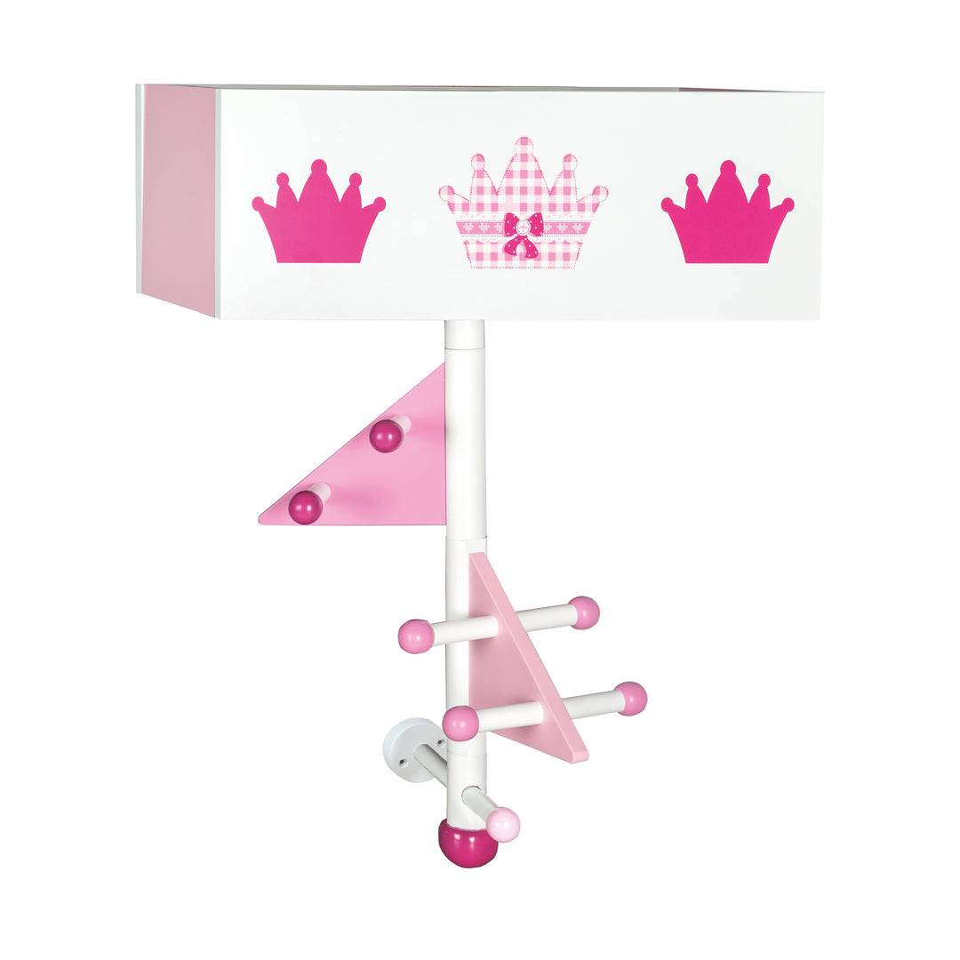 Kindergarderobe 'Krone' aus Holz - 9 Haken und 2 Fächern - Rosa lackiert / bedruckt