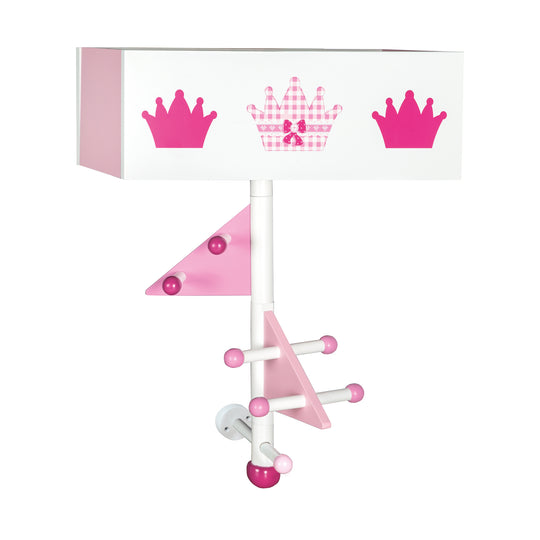 Kindergarderobe 'Krone' aus Holz - 9 Haken und 2 Fächern - Rosa lackiert / bedruckt
