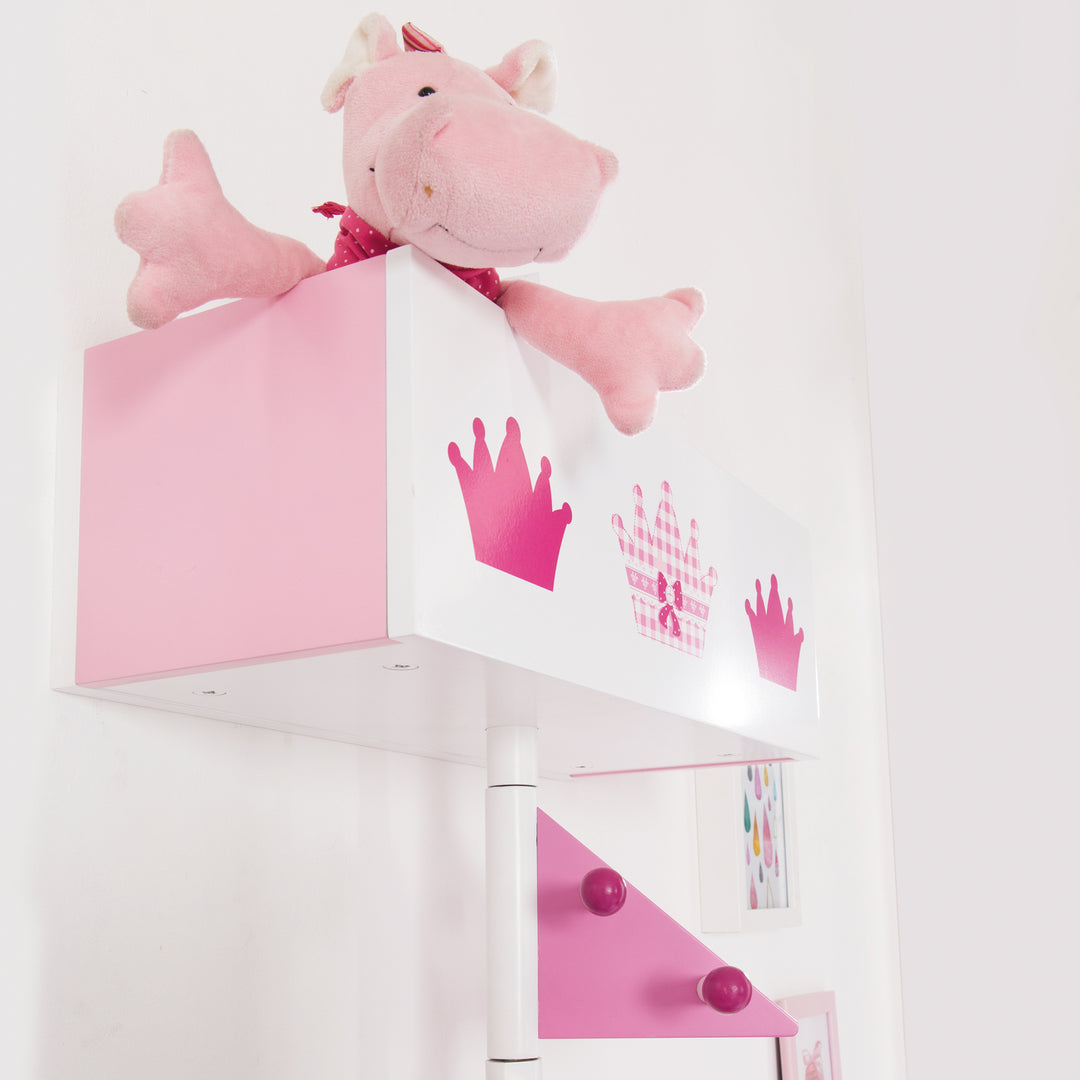 Kindergarderobe 'Krone' aus Holz - 9 Haken und 2 Fächern - Rosa lackiert / bedruckt