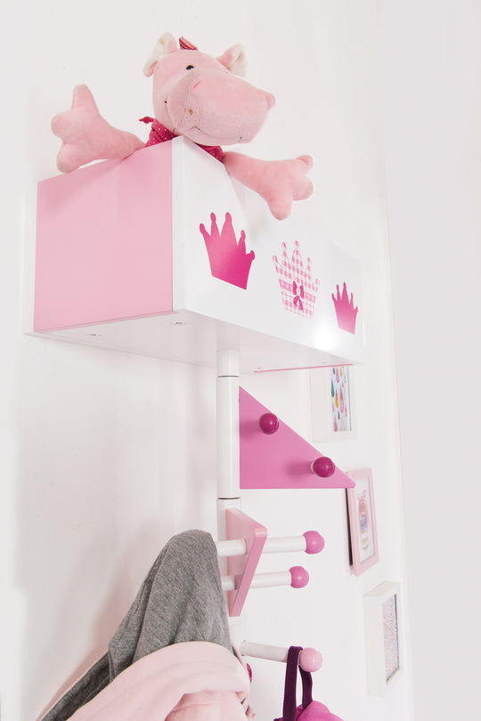 Kindergarderobe 'Krone' aus Holz - 9 Haken und 2 Fächern - Rosa lackiert / bedruckt