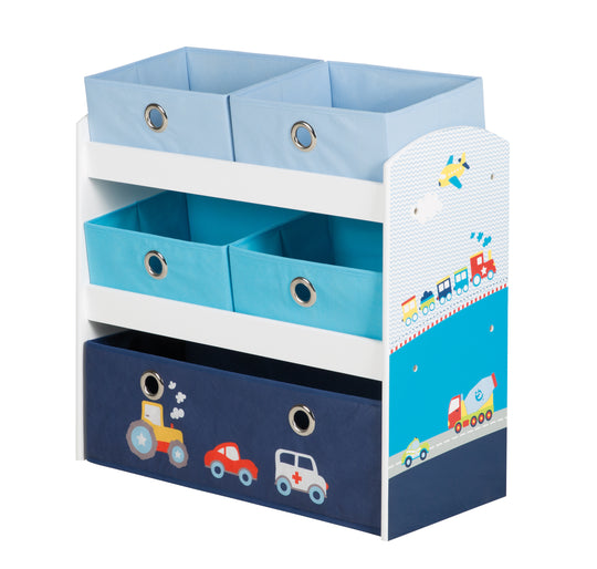 Estantería de juguetes 'Rennfahrer', estante de juguetes y almacenamiento, incluye 5 cajas de tela, coche azul