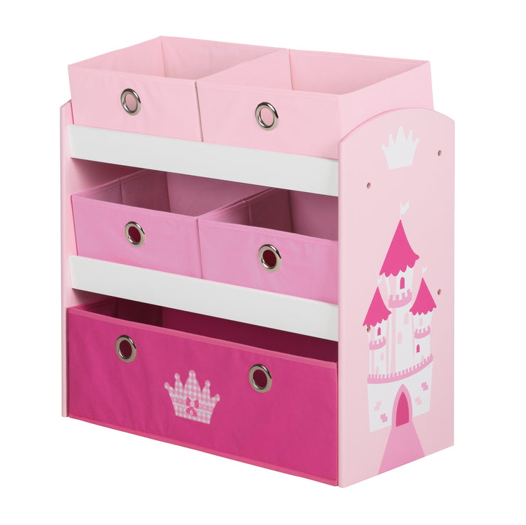 Etagère de jeu "Krone", étagère de jouets et de rangement, avec 5 boîtes en tissu, rose