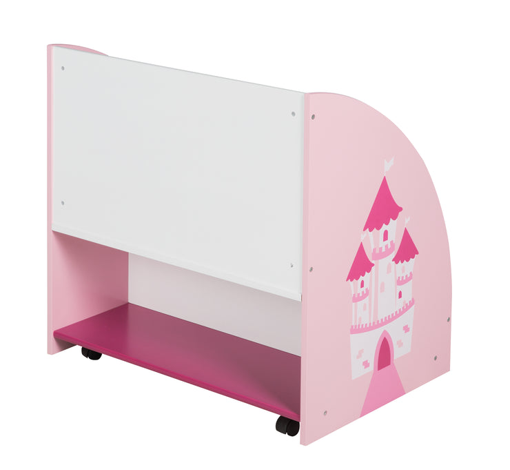Estantería infantil 'Krone', estantería de juego móvil y giratoria con ruedas, rosa / blanco