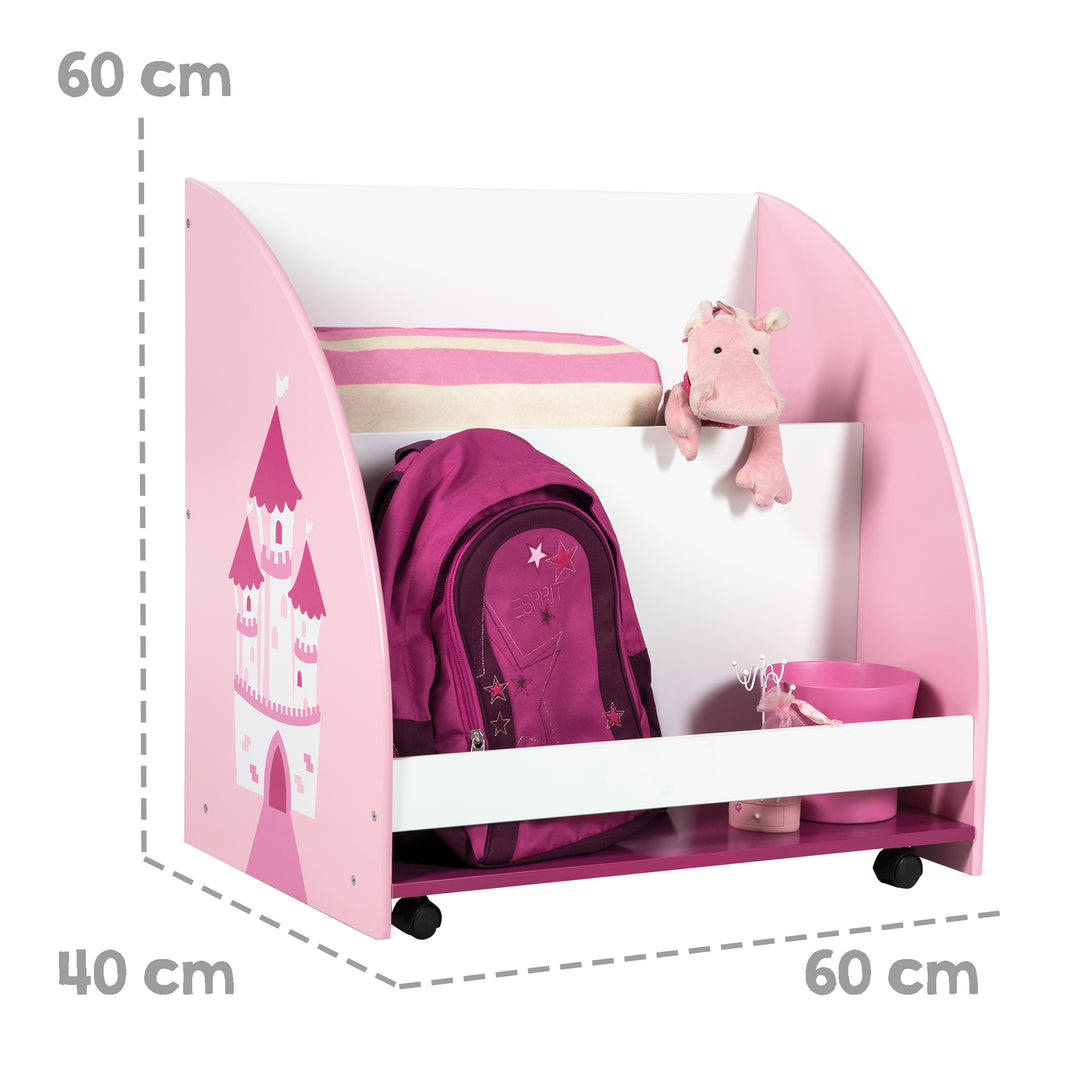 Scaffale per bambini 'Crown', scaffale mobile e girevole con rotelle, rosa/bianco