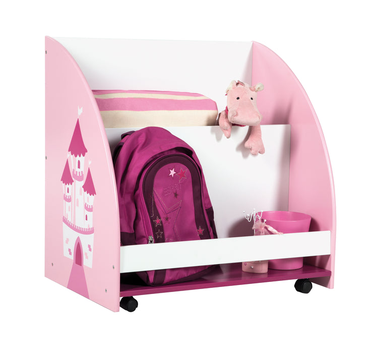 Scaffale per bambini "Krone", scaffale giocattolo mobile e girevole con rotelle, rosa / bianco