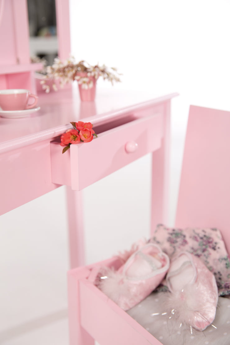 Coiffeuse, buffet / coiffeuse pour enfant avec miroir à maquillage et tabouret, rose