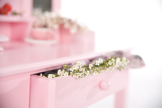 Tavolo da trucco e da toeletta, comò / tavolo da trucco per bambini con specchio per il trucco u. Sgabello, rosa
