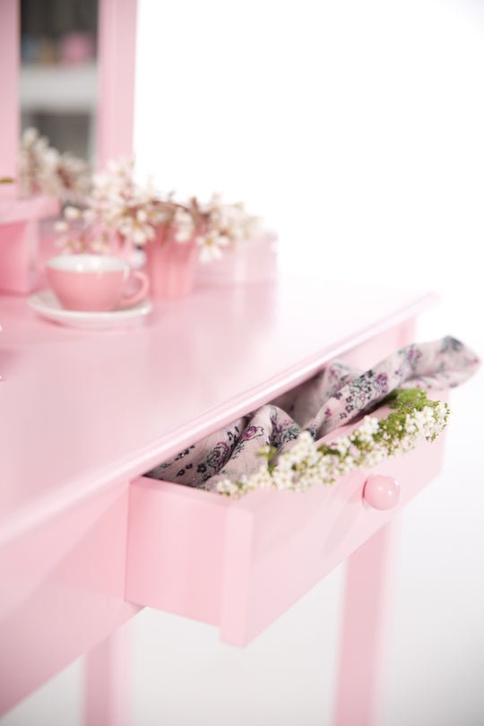 Tavolo da trucco e da toeletta, comò / tavolo da trucco per bambini con specchio per il trucco u. Sgabello, rosa
