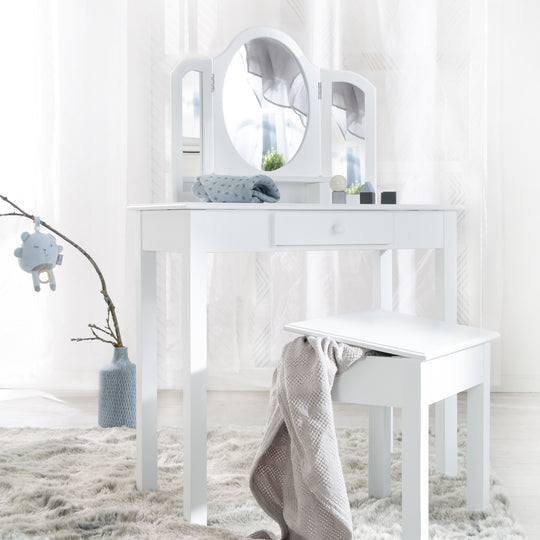 Table de maquillage et de coiffure pour enfants, avec miroir et tabouret de maquillage, blanc peint