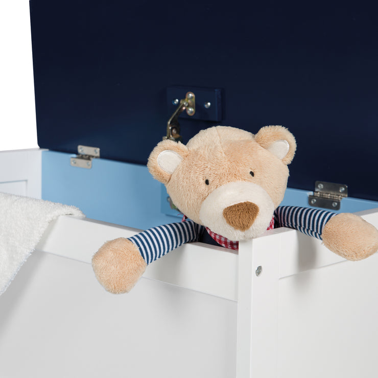 Spielzeugtruhe 'Rennfahrer', Sitz-& Aufbewahrungstruhe fürs Kinderzimmer, Truhenbank blau