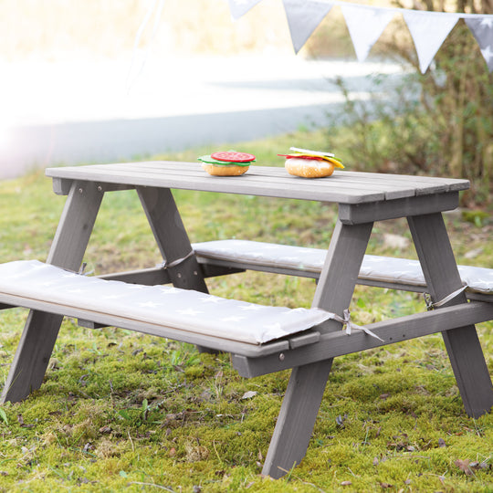 Conjunto de asientos para niños 'Outdoor+', conjunto de picnic resistente a la intemperie 'Para 4', de madera maciza, gris