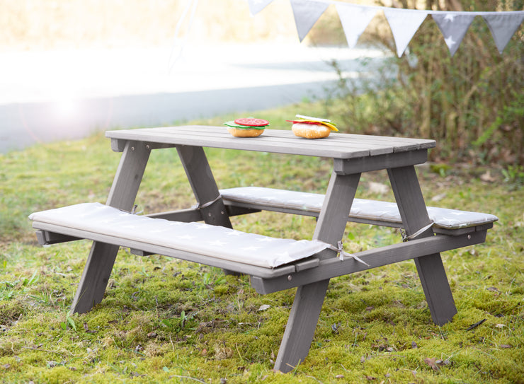 Dinette per bambini "Outdoor+", posti a sedere, prova di intemperie "Picnick per 4", legno massello, grigio