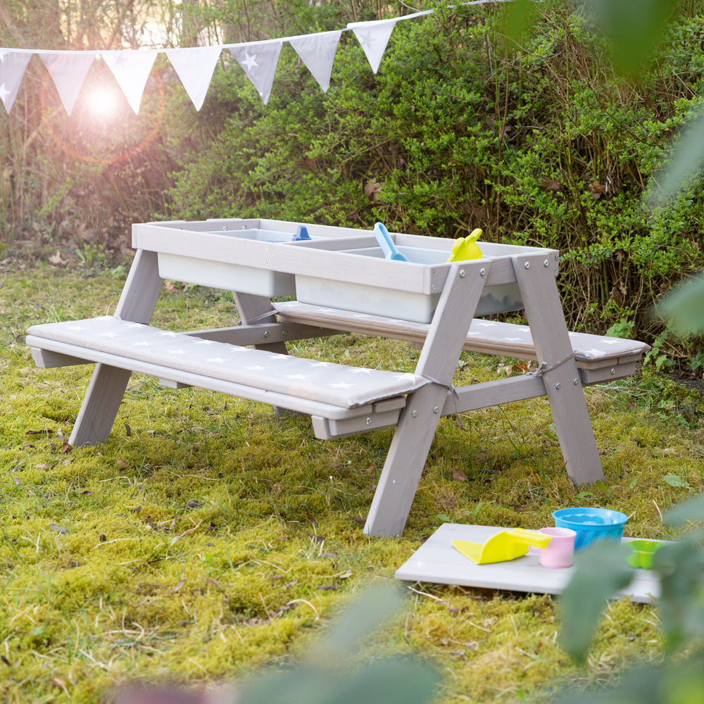 Set di sedili per bambini 'Outdoor +' con vasche da gioco, legno massello resistente alle intemperie, set di sedili e tavolino di fango