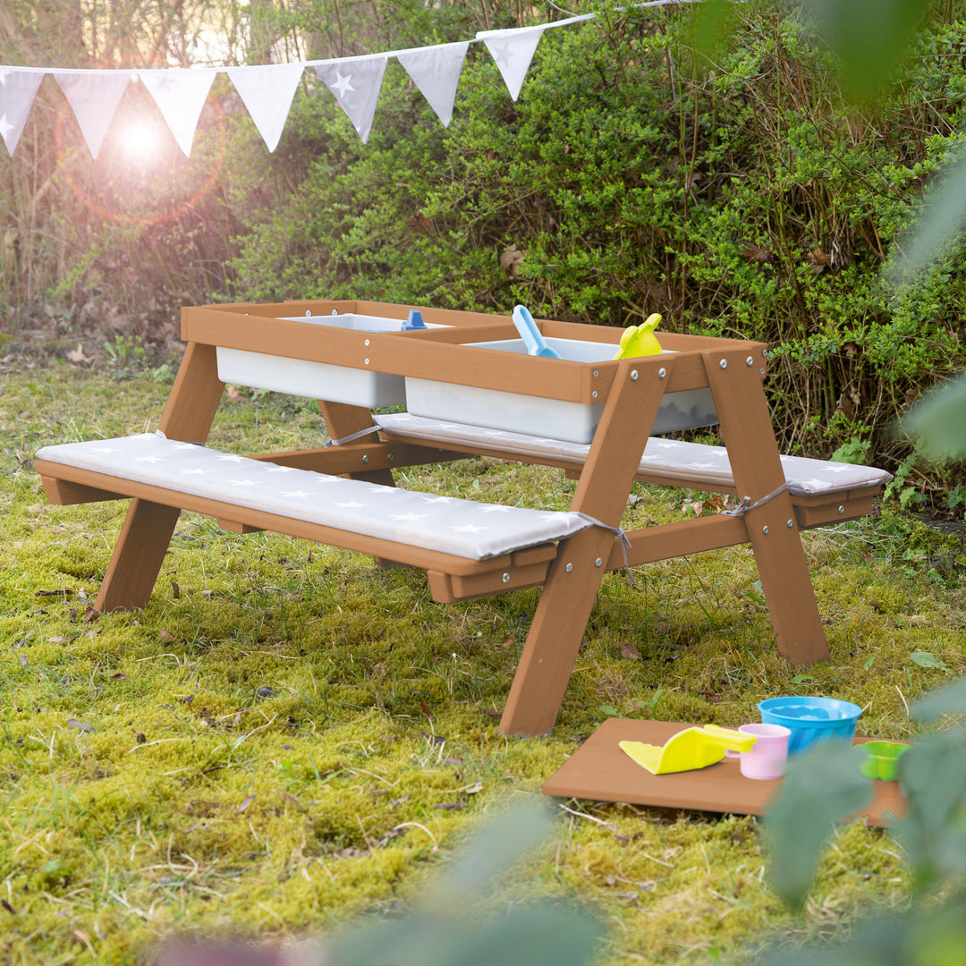 Conjunto de asientos para niños 'Play' con bañeras de juego, madera maciza resistente a la intemperie, conjunto de asientos y mesa de barro
