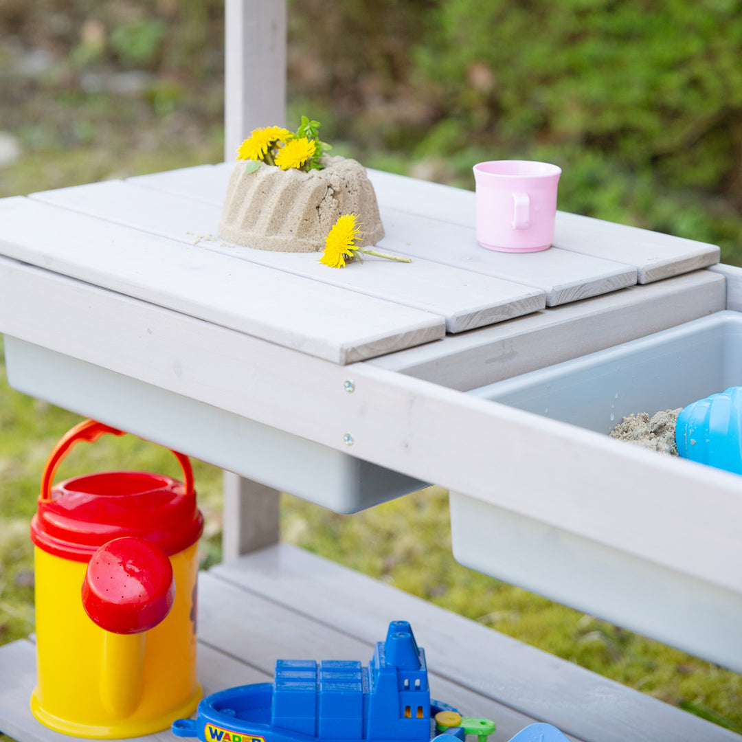 Matschküche 'Outdoor+', grau lasiert mit abnehmbarer Abdeckung, wetterfestes Holz