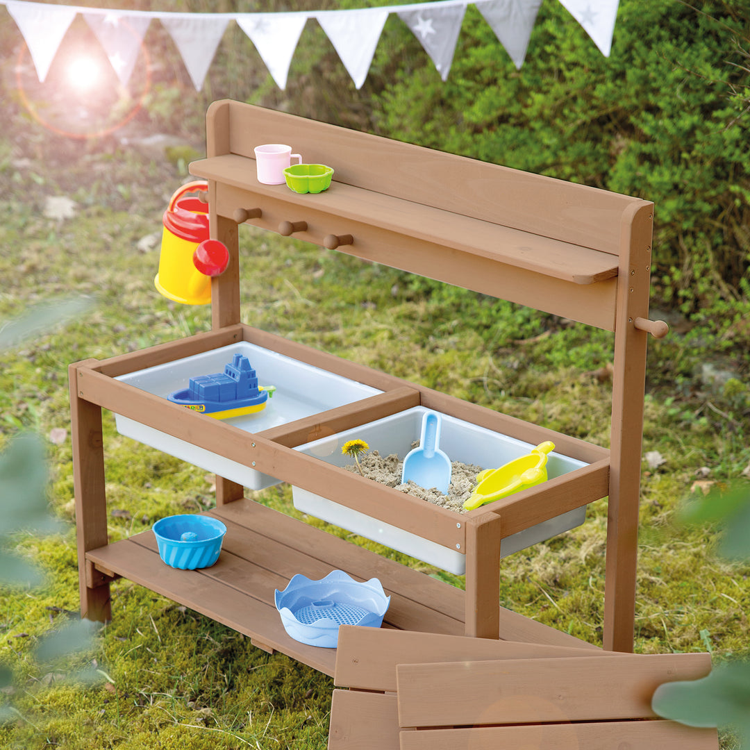 Matschküche 'Outdoor+', teakfarben mit abnehmbarer Abdeckung, wetterfestes Holz