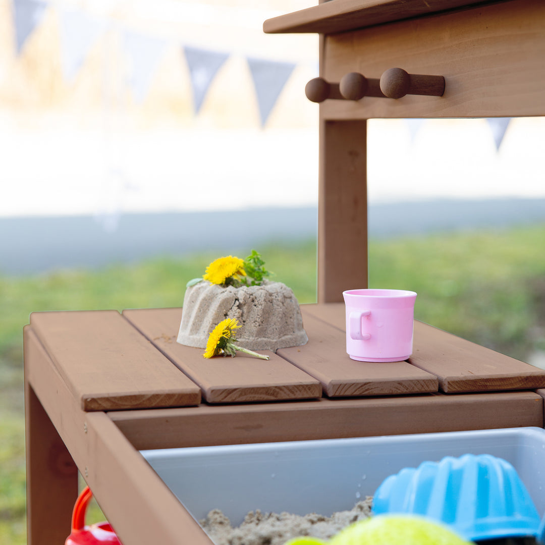 Matschküche 'Outdoor+', teakfarben mit abnehmbarer Abdeckung, wetterfestes Holz