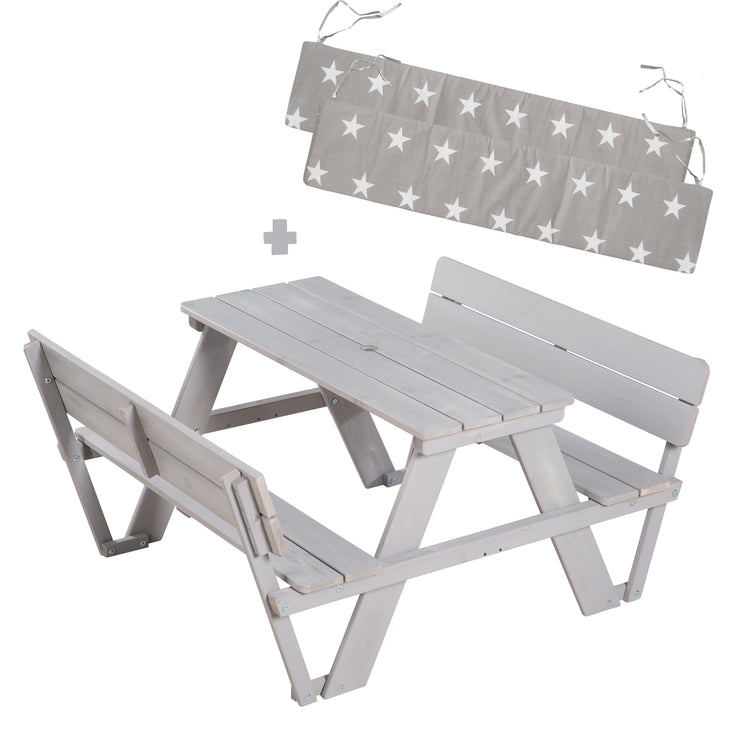 Children's seating group 'Outdoor +', with backrests 'Picnick for 4', weatherproof made of solid wood, gray