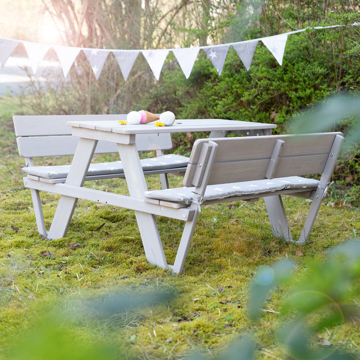 Kindersitzgruppe 'Outdoor+', mit Rückenlehnen 'Picknick for 4', wetterfest aus Massivholz, grau