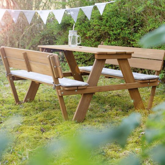 Conjunto de asientos para niños 'Outdoor+', con 2 bancos, 1 mesa 'Para 4', de madera maciza, resistente a la intemperie