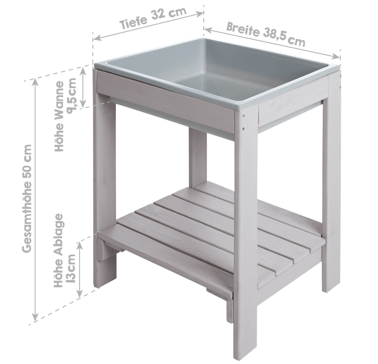 Outdoor + play table 'Tiny', weatherproof solid wood, sand & mud table, gray glazed