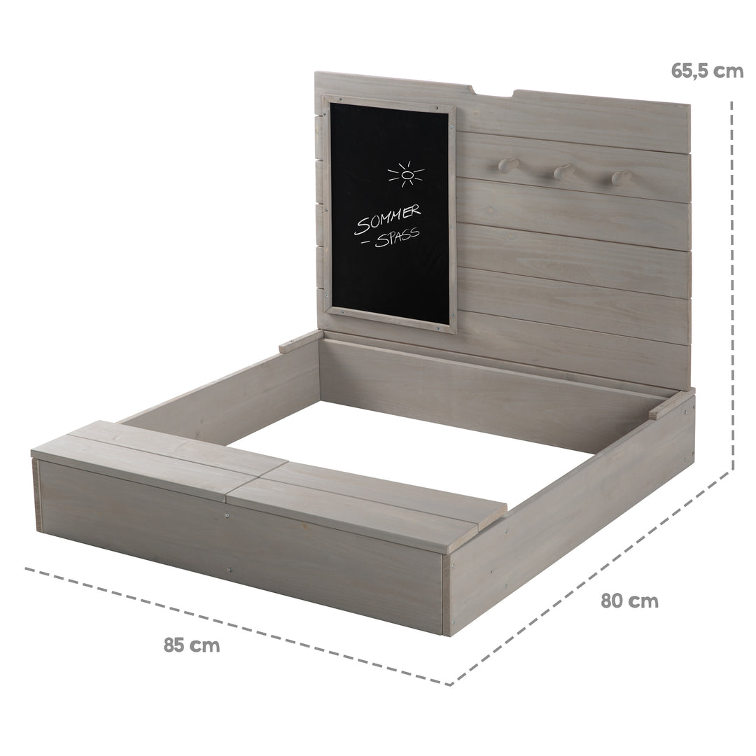 Sabbiera con coperchio, AxLxP: 65,5 x 85,5 x 80 cm, può essere aperta con una tavola e 3 ganci