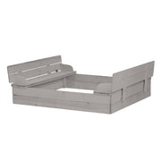 Bac à sable avec couvercle dépliable pour former 2 sièges, bois massif, résistant, gris