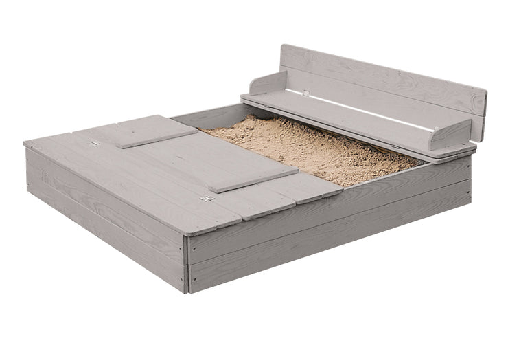 Sandkasten mit Deckel aufklappbar zu 2 Bänken, Massivholz, wetterfest, grau, 21,5 x 127 x 123,5 cm