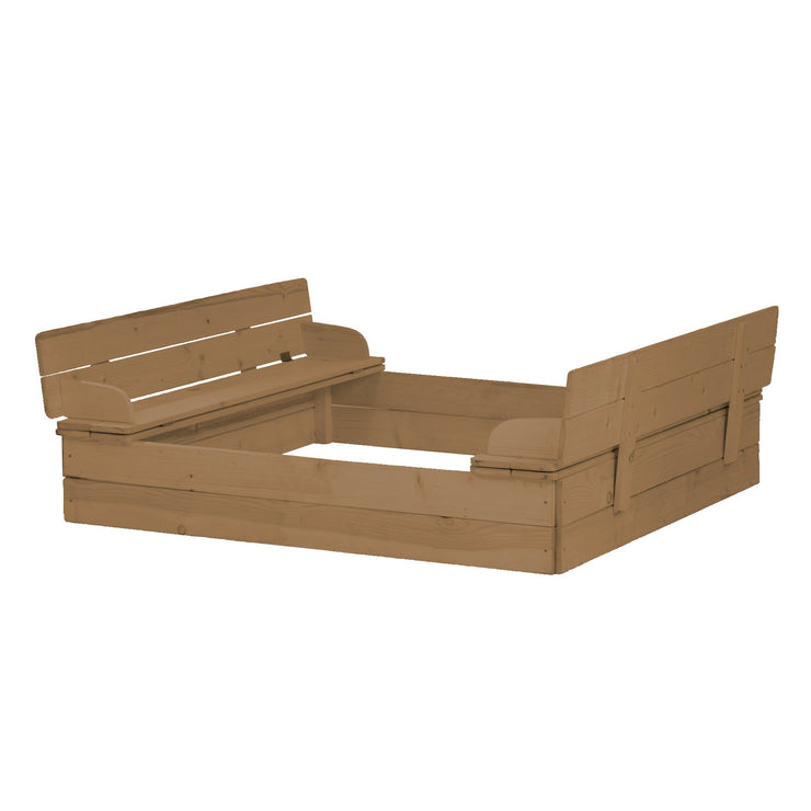 Sandpit folds out to form 2 benches, solid wood, weatherproof, teak-colored, 21.5 x 127 x 123.5 cm