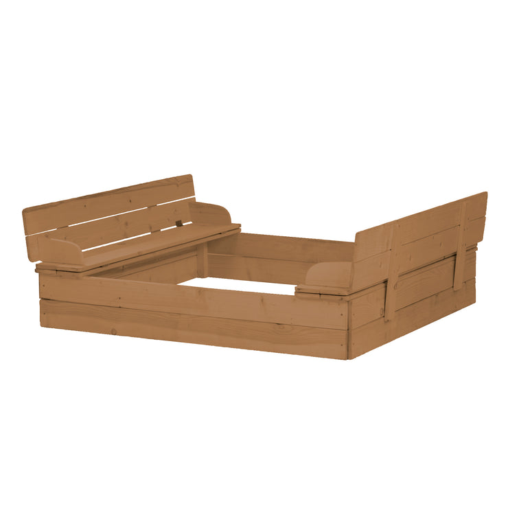 Sandkasten aufklappbar zu 2 Bänken, Massivholz, wetterfest, teakholzfarben, 21,5 x 127 x 123,5 cm